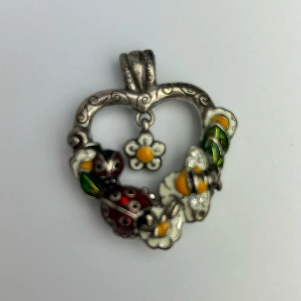 Brighton Garden Heart Pendant Enamel Flowers Ladybug Silver Tone, Key Fob
